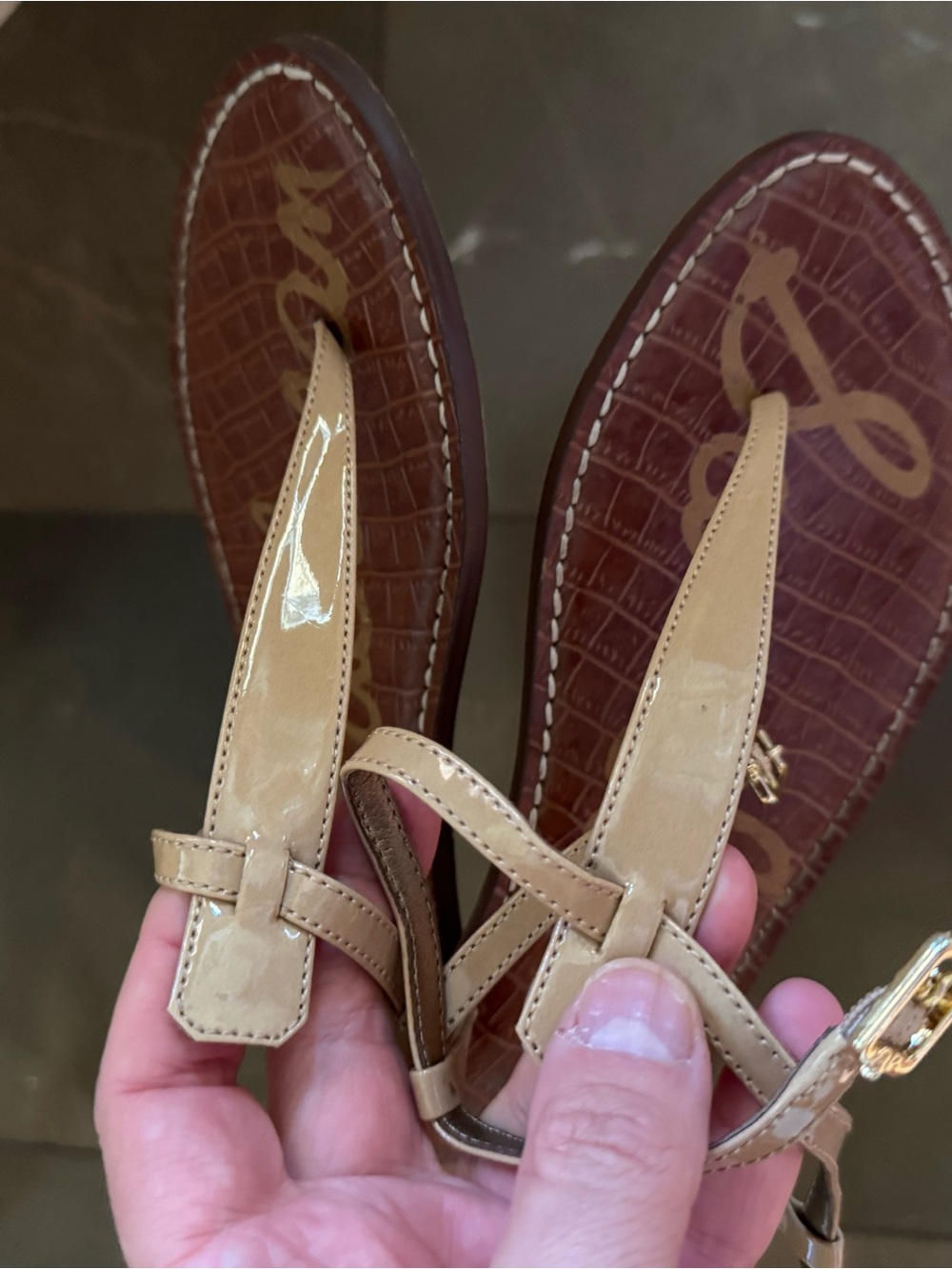 Sam Edelman tan patent thong sandals with brown footbed